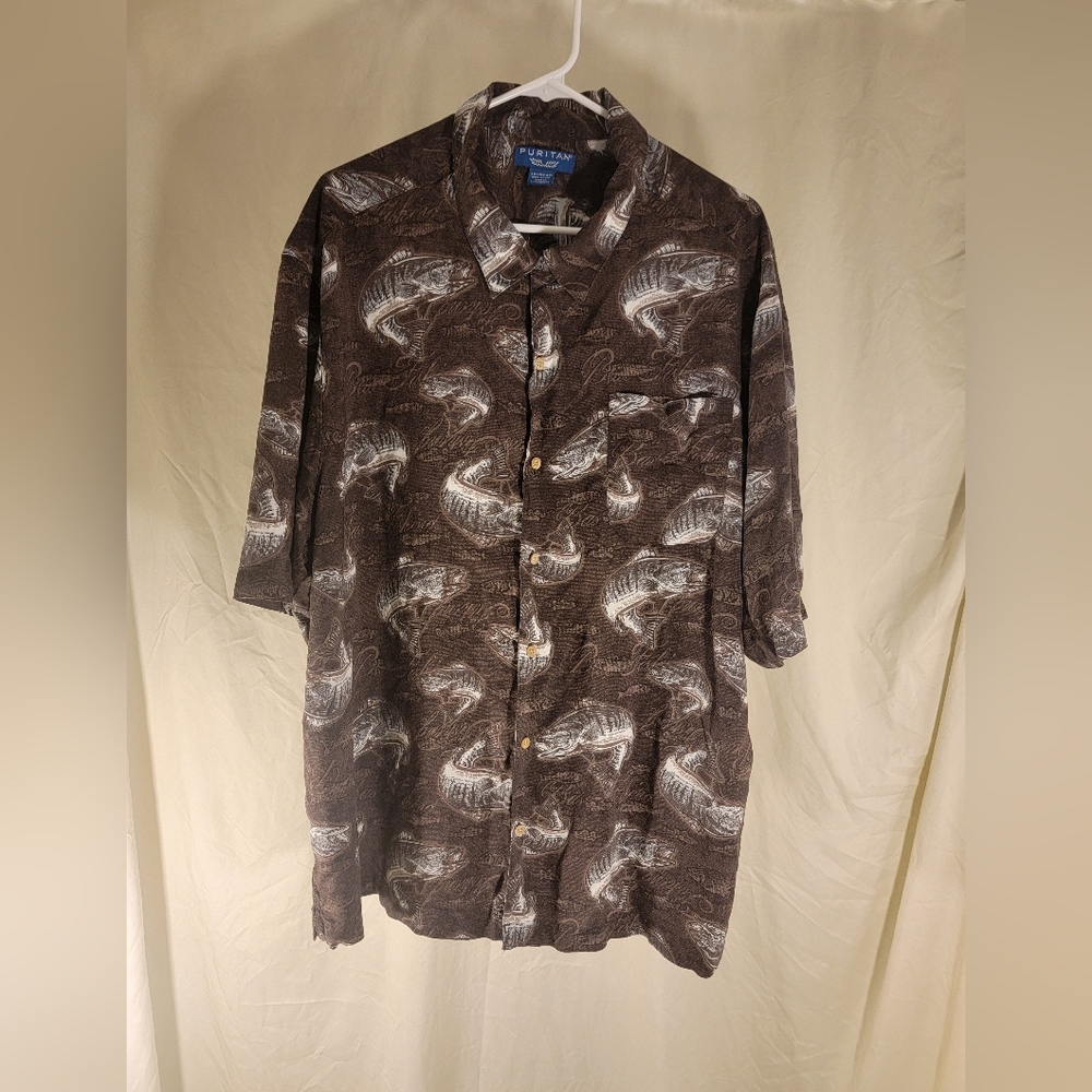 Puritan Men's 2XL Short Sleeve Shirt BASS Fishing Grizzly Brown